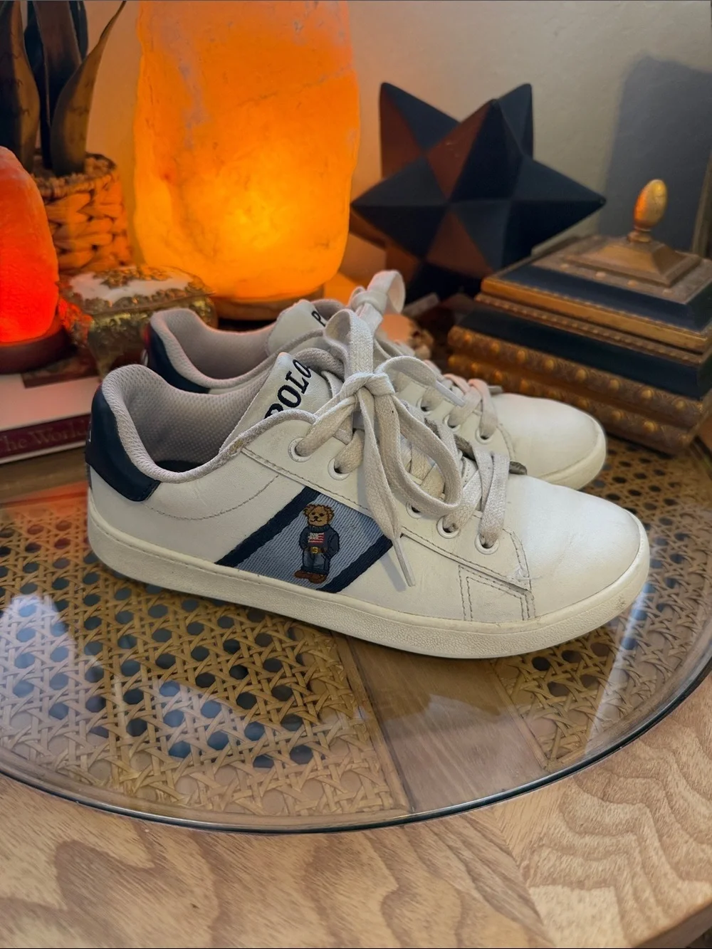 Polo by Ralph Lauren Kids White Sneakers with Navy Stripe and Bear